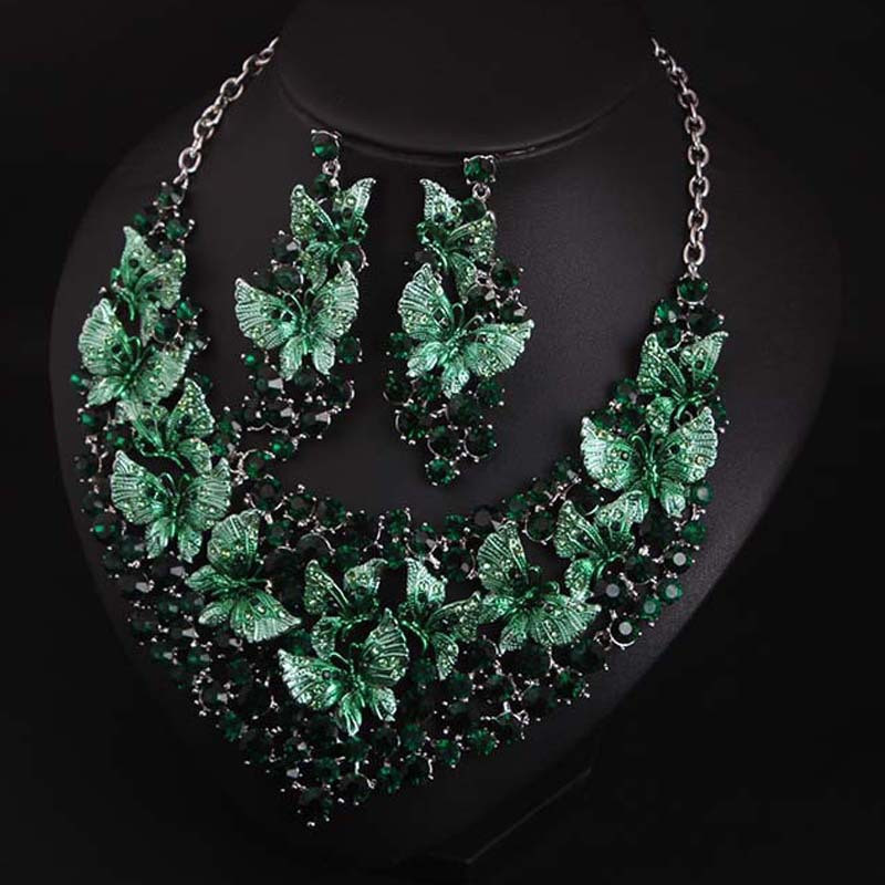 Prabangūs žali karoliai auskarai drugelių papuošalų rinkiniai pareiškimas nuotakos dovanos moterims vestuvių vakarėliui Indijos bižuterijos papuošalai