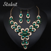 6 spalvų ovalūs krištolo žalia paauksuoti karoliai auskarai papuošalų rinkiniai gėlių pakabukai vestuvių nuotakos aksesuarai moteriai Nauji