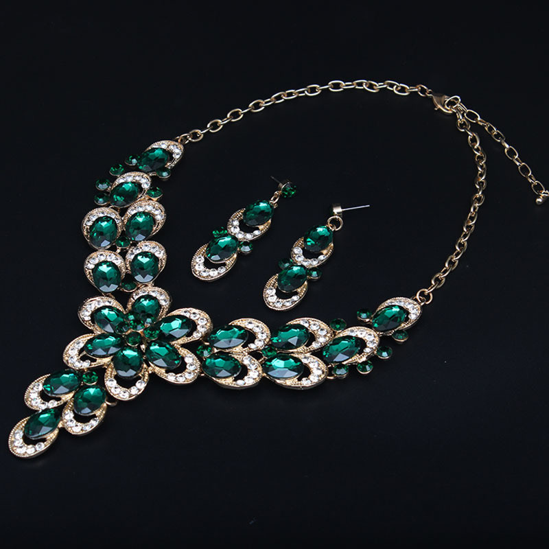 6 spalvų ovalūs krištolo žalia paauksuoti karoliai auskarai papuošalų rinkiniai gėlių pakabukai vestuvių nuotakos aksesuarai moteriai Nauji