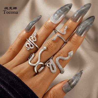 Tocona Bohemian Snake Ring Sets for Women Men Charms Silver Color Geometry Alloy Metal Opening Ring Party Jewelry Anillo 18866
