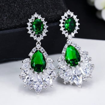 ThreeGraces Vintage Big Water Drop Green Crystal Stone Long Earrings Flower Cubic Zirconia Women Wedding Vising Earring ER047