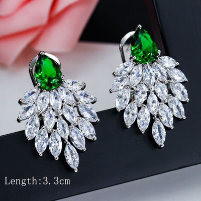 „ThreeGraces“ vintažinis didelis vandens lašas, žalias krištolinis akmuo, ilgi auskarai, gėlėti kubiniai cirkoniai, moteriški vestuviniai kabantys auskarai ER047
