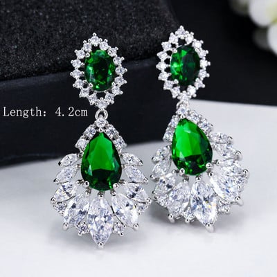 „ThreeGraces“ vintažinis didelis vandens lašas, žalias krištolinis akmuo, ilgi auskarai, gėlėti kubiniai cirkoniai, moteriški vestuviniai kabantys auskarai ER047
