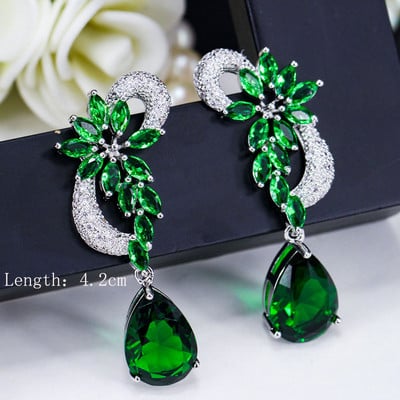 „ThreeGraces“ vintažinis didelis vandens lašas, žalias krištolinis akmuo, ilgi auskarai, gėlėti kubiniai cirkoniai, moteriški vestuviniai kabantys auskarai ER047
