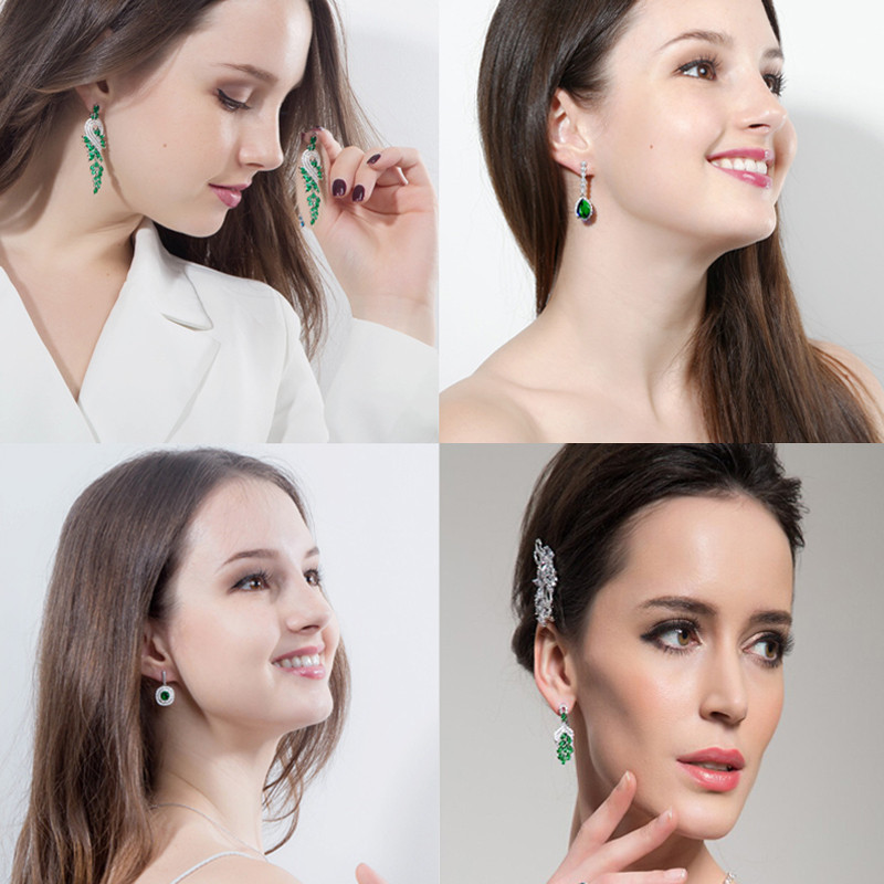 „ThreeGraces“ vintažinis didelis vandens lašas, žalias krištolinis akmuo, ilgi auskarai, gėlėti kubiniai cirkoniai, moteriški vestuviniai kabantys auskarai ER047