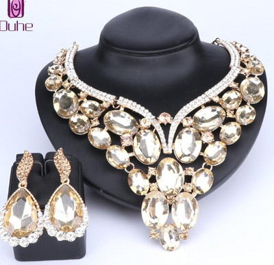 10 boja Kristalne naušnice Ogrlice Setovi zlatne boje Setovi nakita za žene Geometrijski dizajn Vjenčanje 2KOM Setovi nakita