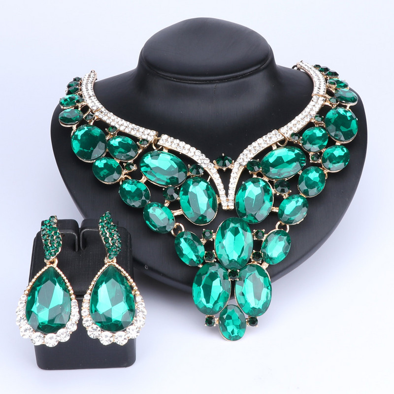 10 boja Kristalne naušnice Ogrlice Setovi zlatne boje Setovi nakita za žene Geometrijski dizajn Vjenčanje 2KOM Setovi nakita