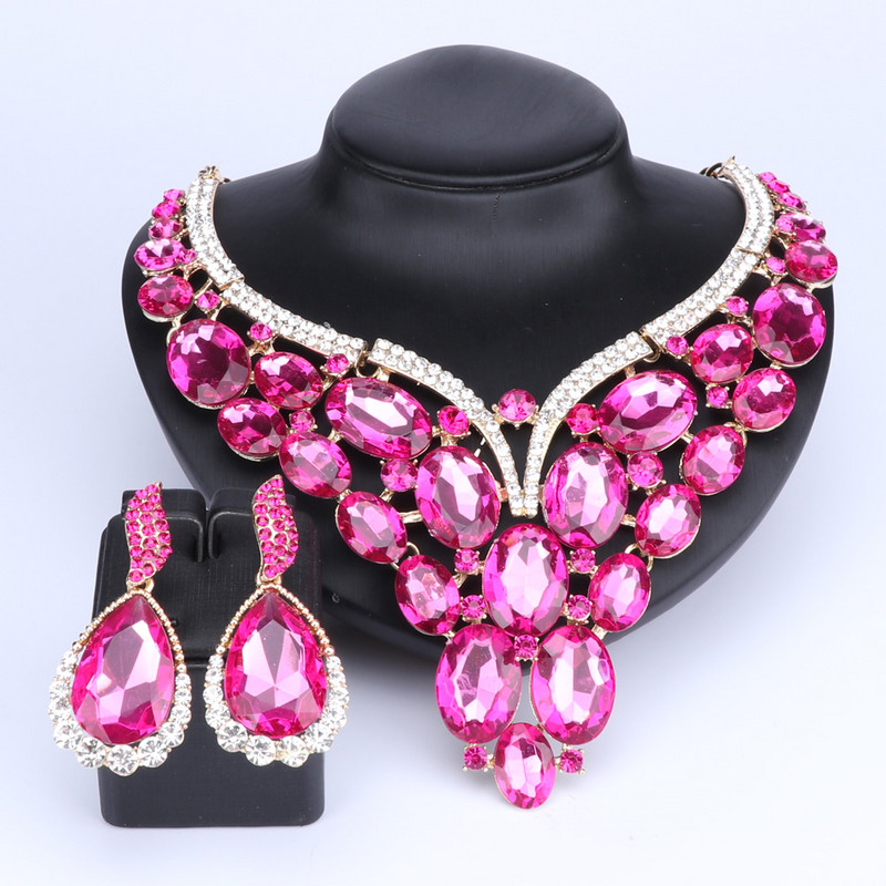 10 boja Kristalne naušnice Ogrlice Setovi zlatne boje Setovi nakita za žene Geometrijski dizajn Vjenčanje 2KOM Setovi nakita