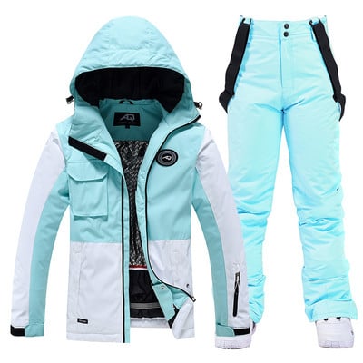 Oblique Zipper Color Matching Girl`s Snow Suit Wear Waterproof Winter Costume Snowboarding Clothing Ski Jacket + Pant for Woman