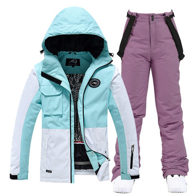 Įstrižas užtrauktuko spalvas atitinkantis mergaitės sniego kostiumas, dėvėkite vandeniui atsparų žiemos kostiumą, snieglenčių sportui skirtą drabužį, slidinėjimo striukę + kelnaites moterims