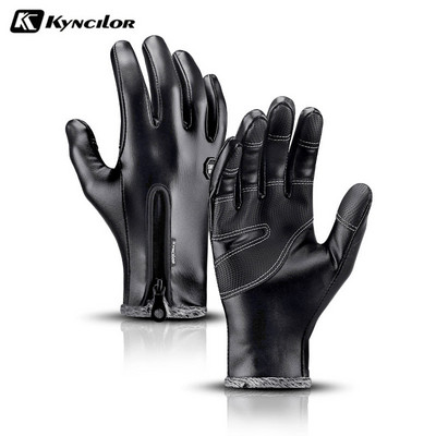 Winter Gloves Men Women Warm Thermal Fleece Leather Gloves with Zipper Windproof Waterproof Ski Snow Snowboard Touch Gloves