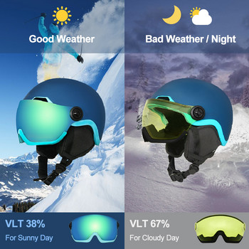 Ски каска за сняг EnzoDate с вграден щит за очила 2 в 1 каска за сноуборд и сваляща се маска, лещи за нощно виждане на допълнителна цена