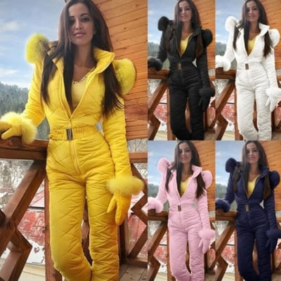 New Winter Women`s Hooded Jumpsuits Parka Cotton Padded Warm Sashes Ski Suit Straight Zipper One Piece Casual Tracksuits2020