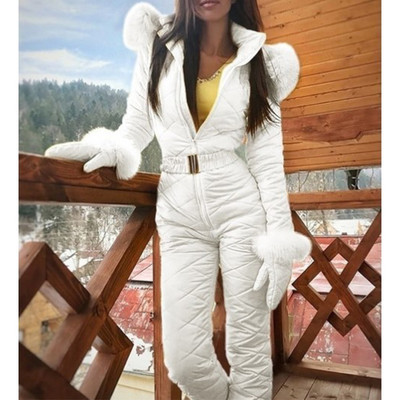 Salopete noi de iarnă pentru femei cu glugă Parka din bumbac căptușită cu centură caldă Costum de schi Fermoar drept Trening casual dintr-o bucată2020