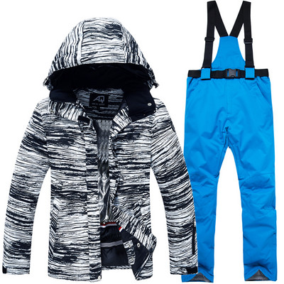 Vyriškas slidinėjimo kostiumo striukė vandeniui atspari snieglentei, vandeniui atspari, šilta Spalvinga spausdinta slidinėjimo striukė ir kelnių komplektas žieminiai sniego kostiumai