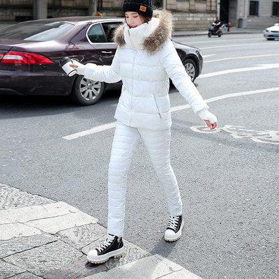 Natūralaus lapės kailio apykaklė žieminė pūkinė striukė + medvilninės kelnės Dviejų dalių kostiumas slidinėjimo kostiumas šaltai ir vėjui atsparus šiltų medvilninių kelnių rinkiniai