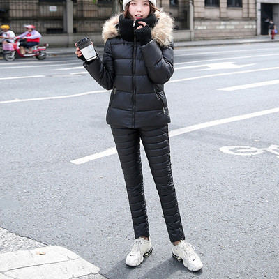 Natūralaus lapės kailio apykaklė žieminė pūkinė striukė + medvilninės kelnės Dviejų dalių kostiumas slidinėjimo kostiumas šaltai ir vėjui atsparus šiltų medvilninių kelnių rinkiniai