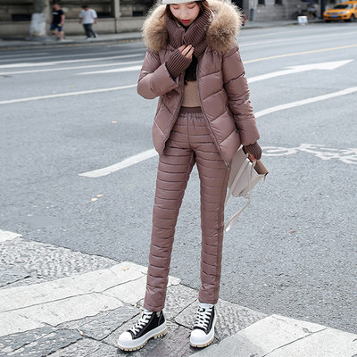 Natūralaus lapės kailio apykaklė žieminė pūkinė striukė + medvilninės kelnės Dviejų dalių kostiumas slidinėjimo kostiumas šaltai ir vėjui atsparus šiltų medvilninių kelnių rinkiniai