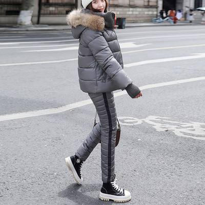 Natūralaus lapės kailio apykaklė žieminė pūkinė striukė + medvilninės kelnės Dviejų dalių kostiumas slidinėjimo kostiumas šaltai ir vėjui atsparus šiltų medvilninių kelnių rinkiniai