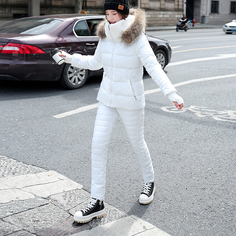 Natūralaus lapės kailio apykaklė žieminė pūkinė striukė + medvilninės kelnės Dviejų dalių kostiumas slidinėjimo kostiumas šaltai ir vėjui atsparus šiltų medvilninių kelnių rinkiniai