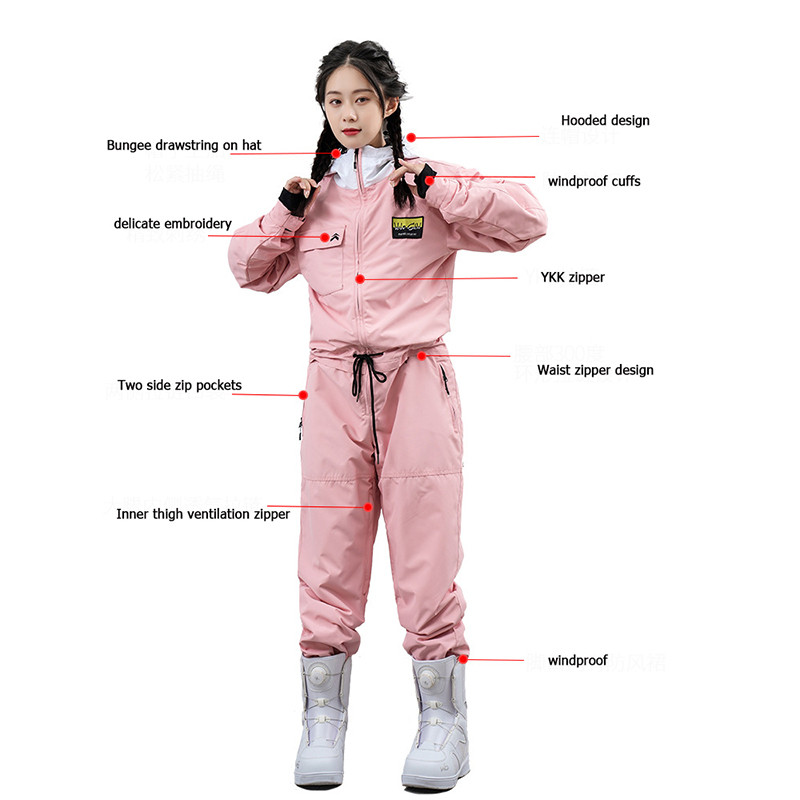 Žieminiai kombinezonai su gobtuvu -30 ℃ Šilti, atsparūs vėjui, varčios, slidinėjimo kostiumas, tiesus užtrauktukas, vientisas moteris ir vyras Lauko sporto slidinėjimo rinkinys