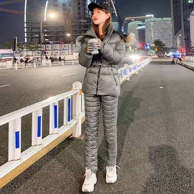 Žieminiai kombinezonai su gobtuvu Parka Elegant medvilniniai paminkštinti šilti varčios slidinėjimo kostiumai su tiesiu užtrauktuku, vientisi moteriški sportiniai kostiumai