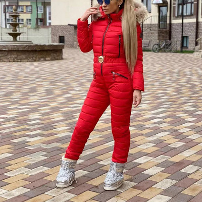 Europietiškos ir amerikietiškos moteriškos vientisos kelnės su medvilniniu gobtuvu didele kailine apykakle Siamo medvilninis kostiumas slidinėjimo kostiumas moterims Siamo