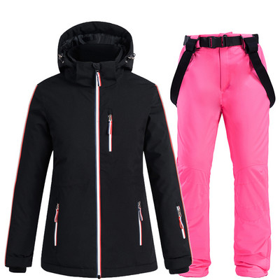 Fehér és fekete női hóruha szett Snowboard ruházat téli kültéri viselet vízálló jelmez sídzsekik + pántos nadrág lány