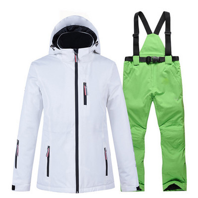 Fehér és fekete női hóruha szett Snowboard ruházat téli kültéri viselet vízálló jelmez sídzsekik + pántos nadrág lány