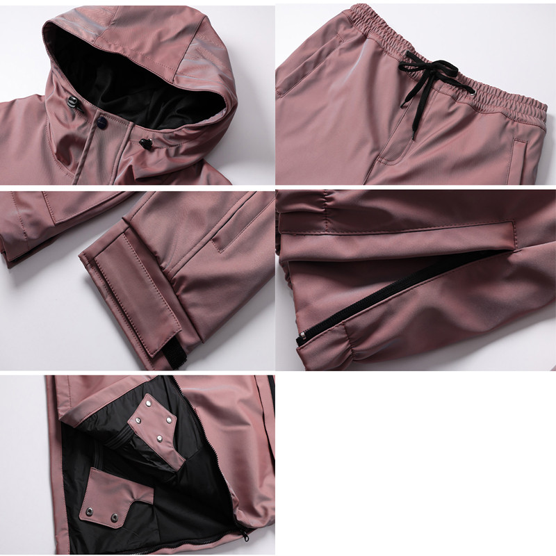 Šviesą atspindintis slidinėjimo kostiumas vyrams moterims, žiemai, šiltas, vėjui nepralaidus, vandeniui nepralaidus, kvėpuojantis slidinėjimo gobtuvas striukė + kelnių rinkinys slidinėjimo snieglenčių kostiumas