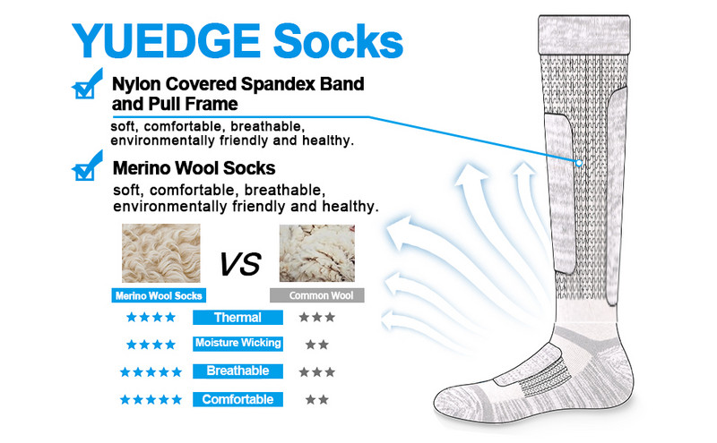 YUEDGE 2 Pack Merino vilnos slidinėjimo kojinės Žieminės terminės kojinės snieglenčių sportui Slidinėjimui Čiuožinėjimui Lauko Sportui