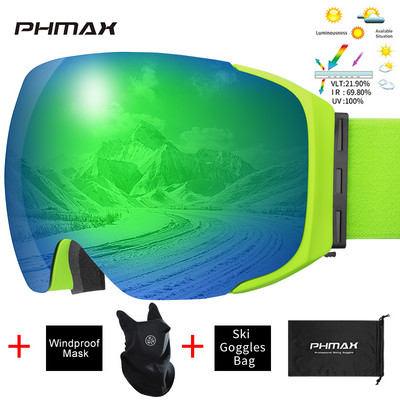 PHMAX Skijaške naočale protiv zamagljivanja, magnetske dvoslojne UV400 zaštitne skijaške naočale, muške zimske višebojne naočale za snowboard