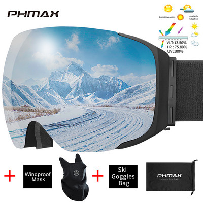 PHMAX Skijaške naočale protiv zamagljivanja, magnetske dvoslojne UV400 zaštitne skijaške naočale, muške zimske višebojne naočale za snowboard