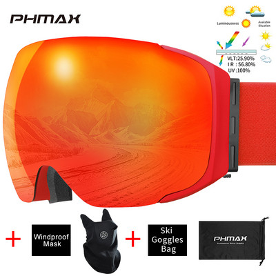 PHMAX Skijaške naočale protiv zamagljivanja, magnetske dvoslojne UV400 zaštitne skijaške naočale, muške zimske višebojne naočale za snowboard
