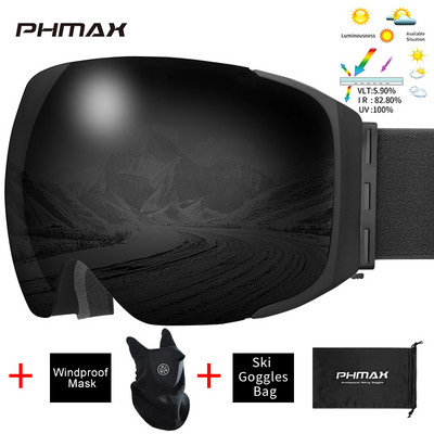 PHMAX Skijaške naočale protiv zamagljivanja, magnetske dvoslojne UV400 zaštitne skijaške naočale, muške zimske višebojne naočale za snowboard