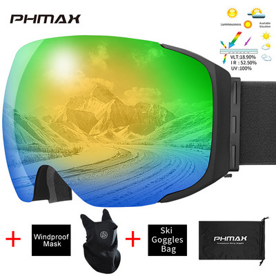 PHMAX Skijaške naočale protiv zamagljivanja, magnetske dvoslojne UV400 zaštitne skijaške naočale, muške zimske višebojne naočale za snowboard