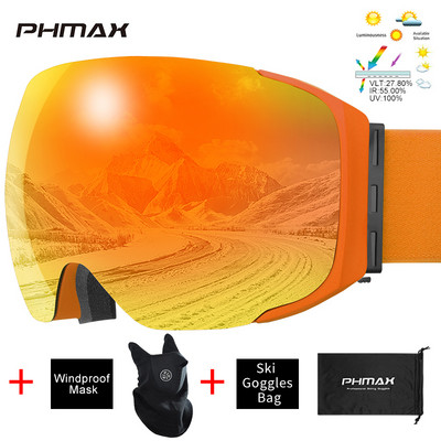 PHMAX Skijaške naočale protiv zamagljivanja, magnetske dvoslojne UV400 zaštitne skijaške naočale, muške zimske višebojne naočale za snowboard