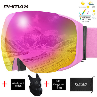 PHMAX Skijaške naočale protiv zamagljivanja, magnetske dvoslojne UV400 zaštitne skijaške naočale, muške zimske višebojne naočale za snowboard