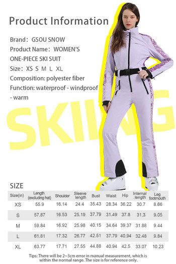 Gsou Snow Дамски еднокомпонентен ски костюм Професионален водоустойчив топъл тънък сноуборд Ски дрехи за сняг в американски стил Комплект панталони