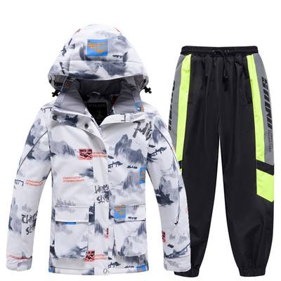 Új gyerek síruha fiúknak téli meleg vízálló ruha Nyomtatott kabát és nadrág gyerekeknek síruha snowboard ruha fiúknak