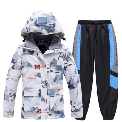 Új gyerek síruha fiúknak téli meleg vízálló ruha Nyomtatott kabát és nadrág gyerekeknek síruha snowboard ruha fiúknak