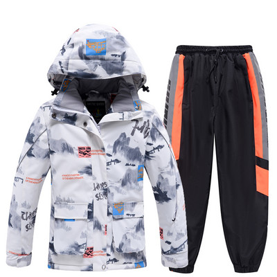 Új gyerek síruha fiúknak téli meleg vízálló ruha Nyomtatott kabát és nadrág gyerekeknek síruha snowboard ruha fiúknak