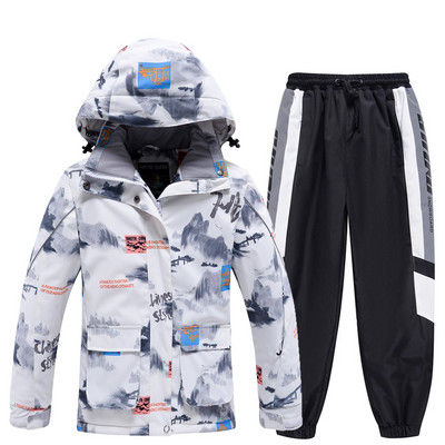 Új gyerek síruha fiúknak téli meleg vízálló ruha Nyomtatott kabát és nadrág gyerekeknek síruha snowboard ruha fiúknak