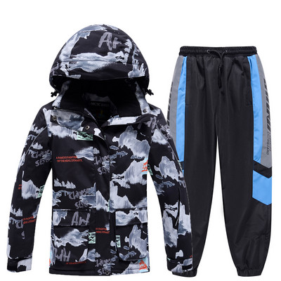 Új gyerek síruha fiúknak téli meleg vízálló ruha Nyomtatott kabát és nadrág gyerekeknek síruha snowboard ruha fiúknak