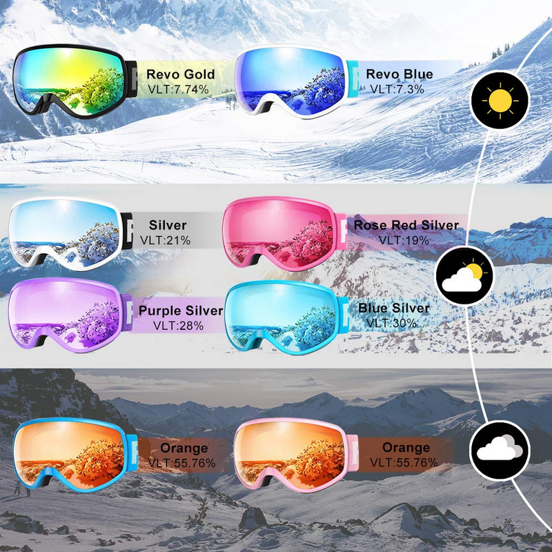 Findway Dječja skijaška maska Anti-Fog UV zaštita Skijaške naočale Skijanje Snowboarding Sportovi za 3-10 djece Kompatibilno sa skijaškom kacigom