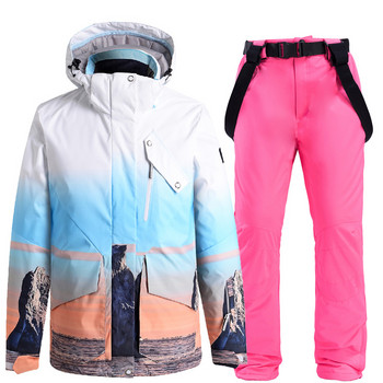 Ски костюм Дамско ски яке и ски панталон Зимни -30° Топли ветроустойчиви водоустойчиви якета за сноуборд Външно палто за сняг Панталони