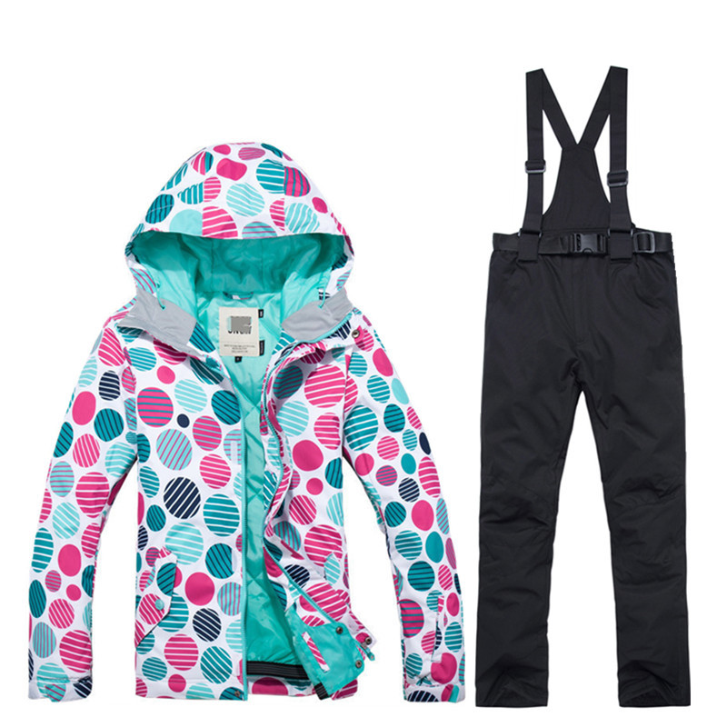 Aukštos kokybės žieminis moteriškas slidinėjimo kostiumas snieglenčių neperšlampamas vėjui atsparus šiltas žiemos alpinizmo sniego batai + nuimamos kelnės su antkrūtiniu