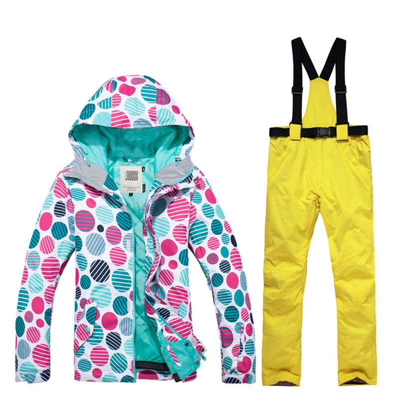 Aukštos kokybės žieminis moteriškas slidinėjimo kostiumas snieglenčių neperšlampamas vėjui atsparus šiltas žiemos alpinizmo sniego batai + nuimamos kelnės su antkrūtiniu
