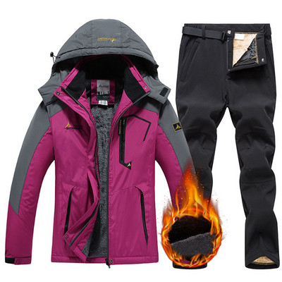 Moteriškas slidinėjimo kostiumas vandeniui atsparus snieglenčių striukė Kelnės Šiltos žiemos sniego paltas kalnų vėjo striukė su gobtuvu lietpaltis Moteriški slidinėjimo komplektai