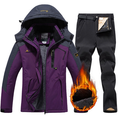 Moteriškas slidinėjimo kostiumas vandeniui atsparus snieglenčių striukė Kelnės Šiltos žiemos sniego paltas kalnų vėjo striukė su gobtuvu lietpaltis Moteriški slidinėjimo komplektai